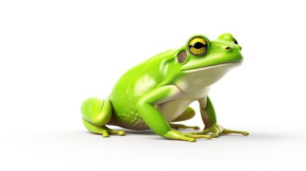 A green frog sitting on top of a white surface. Suitable for nature and animal themed projects