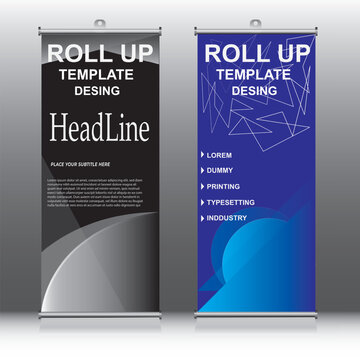  Abstract Shapes Modern Exhibition Advertising Trend Business Roll Up Banner Stand Poster Brochure flat design template creative concept. Presentation. Cover Publication. Stock