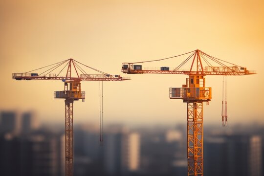 Tower construction crane in the sunset rays, construction and real estate concept, construction business	
