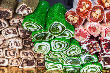 Background with turkish colored homemade sweets - 740156901