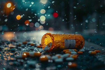 Prescription opioid crisis depicted through a close-up of a pill bottle and scattered pills Highlighting the addiction and overdose epidemic. - obrazy, fototapety, plakaty