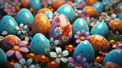 Fototapeta na wymiar Colorful Easter eggs with daisies, perfect for Easter decorations