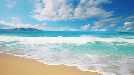 Bright sunny yellow sand beach travel background. Beautiful turquoise sea.