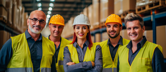 group of warehouse team smiling at the camera while standing together - obrazy, fototapety, plakaty