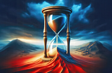 Wasting time concept, lack of time, time lost and time management, broken vintage hourglass with sand falling out of them - obrazy, fototapety, plakaty