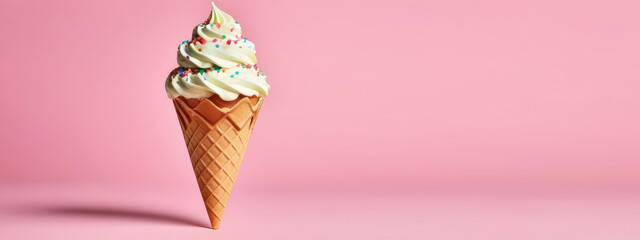 Close-up of waffle cone with white ice cream and colored sprinkles. Ice cream on a pink background. Advertising banner concept. Copy space - obrazy, fototapety, plakaty