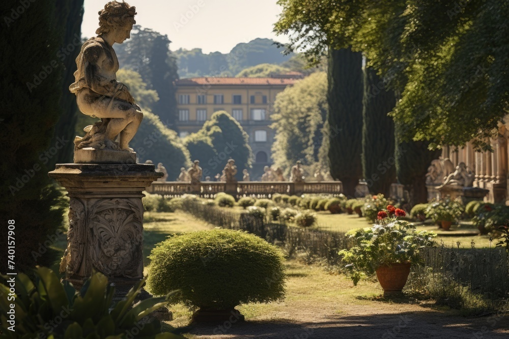 Poster a serene garden with a central statue. suitable for various design projects