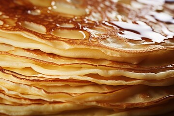 Delicious stack of pancakes with sweet syrup drizzled on top. Perfect for breakfast menus or food blogs