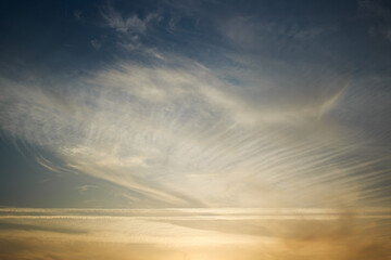 Sunset sky, clouds illuminated by the sun. Contrails and feather clouds.
