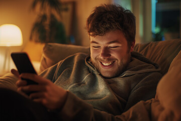Obraz premium Cheerful Young Man Enjoying Smartphone on Cozy Sofa