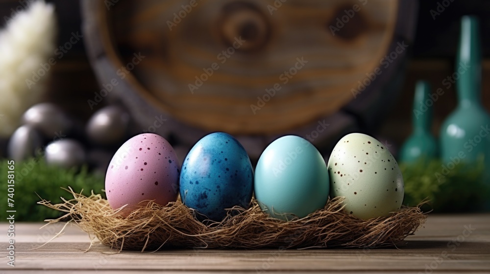 Fototapete group of four eggs resting on a nest. suitable for various nature-themed projects