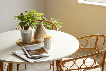 Magazines with cup, vase and plant on dining table in room