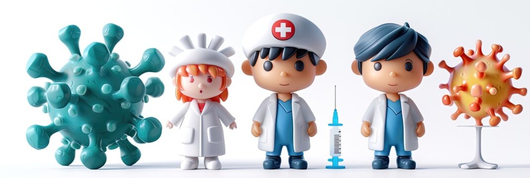 Cartoon healthcare professionals and virus models.