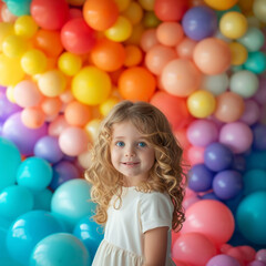 Fototapeta na wymiar Joyful little girl with a big smile in a floral dress celebrating with a background of multicolored balloons.