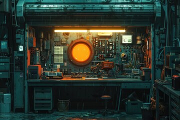 Obraz premium A solitary machine hums in the center of a dimly lit factory room, surrounded by various tools and equipment, evoking a sense of industry and productivity