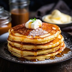 Mouth-watering stack of pancakes with butter and syrup. Perfect for breakfast or food-related designs