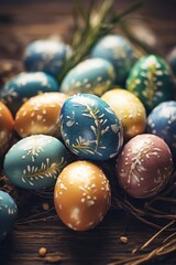 Fototapeta na wymiar Vibrant painted Easter eggs on a table, perfect for holiday designs