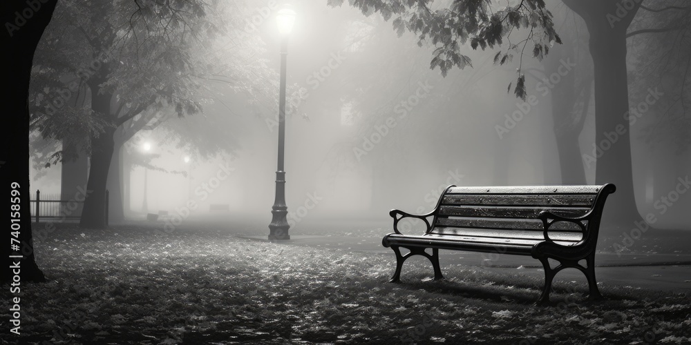 Poster A serene black and white photo of a park bench. Suitable for various design projects
