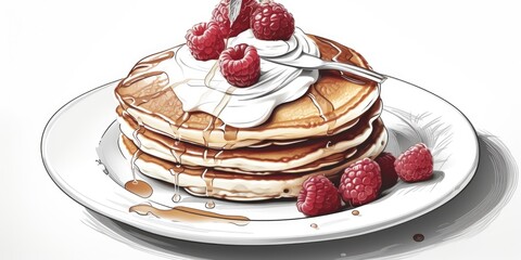 A delicious stack of pancakes topped with whipped cream and fresh raspberries. Perfect for food and breakfast concepts
