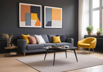Gray Fabric Sofa in a Living Room with White Curtains