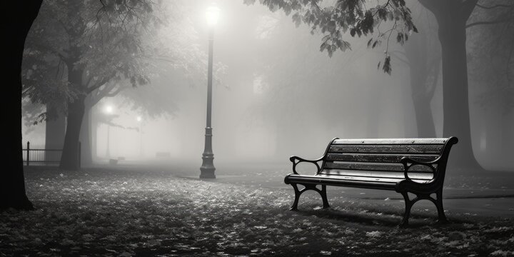A serene black and white photo of a park bench. Suitable for various design projects