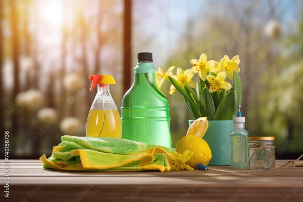 Poster A simple wooden table with a bottle of liquid and a bunch of flowers. Suitable for various design projects