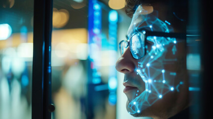 A facial identification process at an airport security checkpoint, focused on a traveler's face with a screen showing the scanning process. Biometric face scan identity security technology concept.