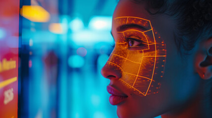 A close-up of a woman's face with an illuminated mesh of facial recognition technology overlay, symbolizing advanced identification systems.