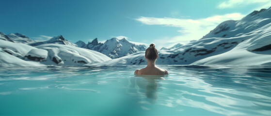Young woman swims in a pool overlooking the mountains. woman view from the back. relaxation in the spa, relaxation in a luxury hotel in the mountains