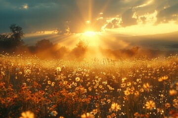 A serene landscape of golden light and gentle clouds illuminates a vibrant field of wildflowers,...