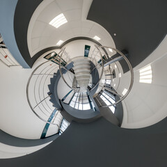 Fototapeta premium abstractly twisted into spherical 360 panorama interior of modern office with hall staircase and panoramic windows
