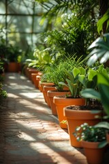 greenhouse with a row of meticulously arranged potted plants basks in the filtered sunlight, creating a serene and harmonious oasis of greenery