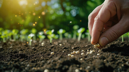 Human hand planting seedlings in fertile soil. Selective focus. nature .