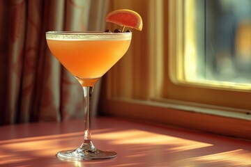 A refreshing drink of orange juice and alcohol, garnished with a slice of orange, served in a classic cocktail glass, evoking feelings of sophistication and indulgence in a stylish indoor setting