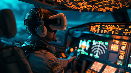 A pilot in uniform with a VR headset is seen operating the cockpit controls of an aircraft above the clouds.