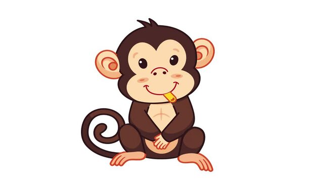 Cartoon monkey sitting in place with white plain background isolated. Seamless loop character funny isolated pet animation for children