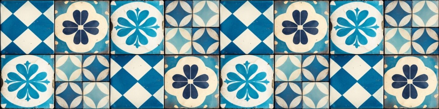 Blue indigo and white worn shabby grunge vintage retro geometric floral flowers mosaic tiles background banner panorama long - Painting moroccan portuguese tile wall texture, seamless pattern