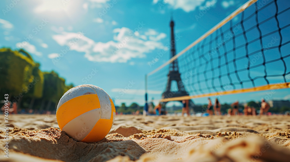 Wall mural close-up of an orange volleyball on sandy court in paris, with eiffel tower in the background, summe