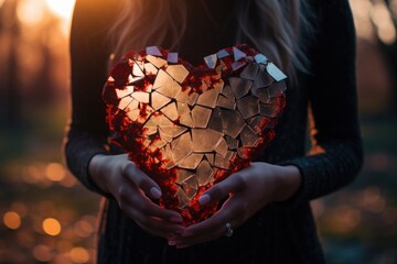 Woman holding broken heart, suitable for relationship or emotional concepts