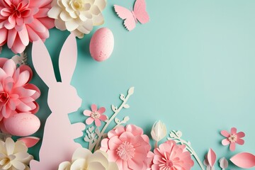 An Easter bunny and eggs cut out of colored paper with flowers. Easter celebration concept	
