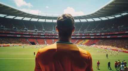 A man standing in front of a soccer field, suitable for sports or leisure concepts