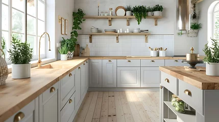 Fotobehang A modern farmhouse kitchen with light gray cabinets and butcher block countertops, blending rustic charm with modern elegance © Warda