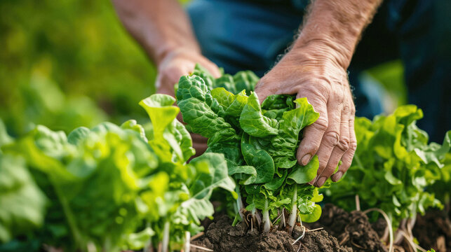 Close-up of a man's hands planting chard in the garden