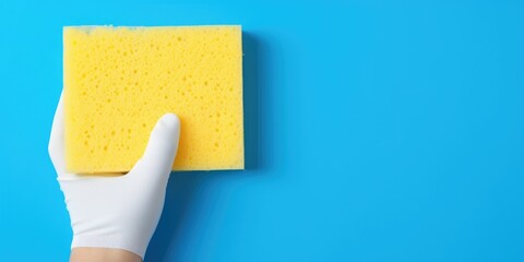 A gloved hand holding a sponge against a blue background. Useful for cleaning product ads - obrazy, fototapety, plakaty