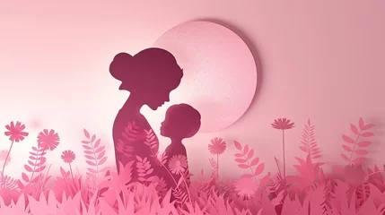 Fotobehang A graphic design of a mother and child's silhouette against a pink floral backdrop with a sun. © AdriFerrer