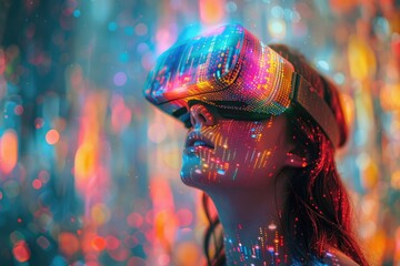 Immersed in a vibrant world of light and color, a woman's face becomes a living work of art through the lens of virtual reality goggles