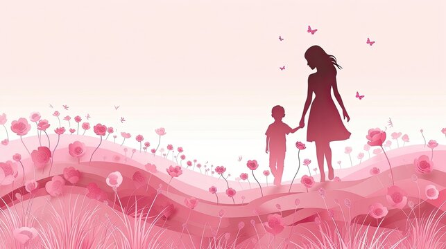A paper art depiction of a mother holding hands with her child in a field of pink flowers.