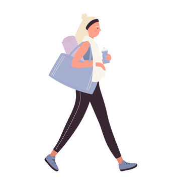 Woman coach with sport bag. Fitness trainer going to gym, training program vector illustration