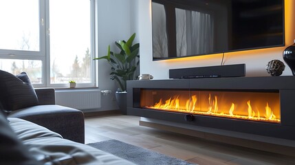 A minimalist TV lounge with a wall mounted electric fireplace, adding warmth and ambiance without the need for a chimney - obrazy, fototapety, plakaty