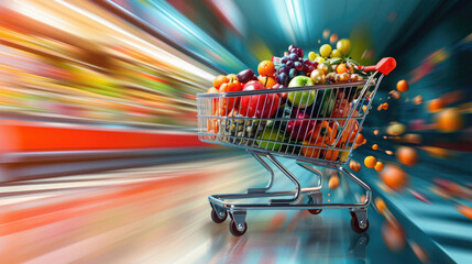 Shopping cart full of fresh fruits and vegetables with motion blur background - obrazy, fototapety, plakaty
